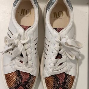 Jennifer Lopez White and Pink Snakeskin Sneakers
